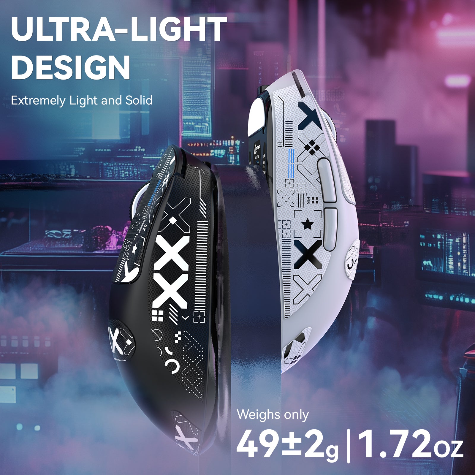 X3MAX ultra-light gaming mouse in black and white, weighs 49g, featuring sleek design.