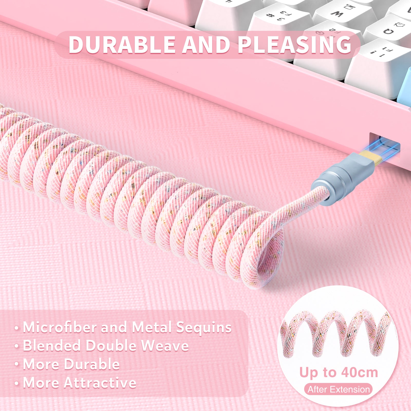 Pink coiled USB cable with sequins, detachable connector for gaming peripherals.