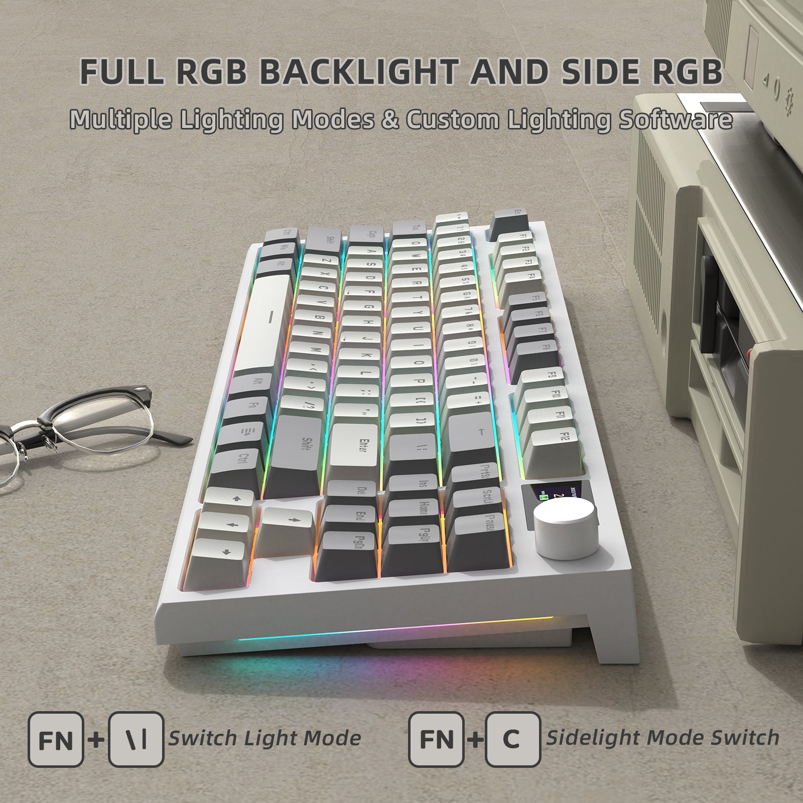 K86 keyboard showcasing full RGB backlight, side RGB, and customizable lighting modes