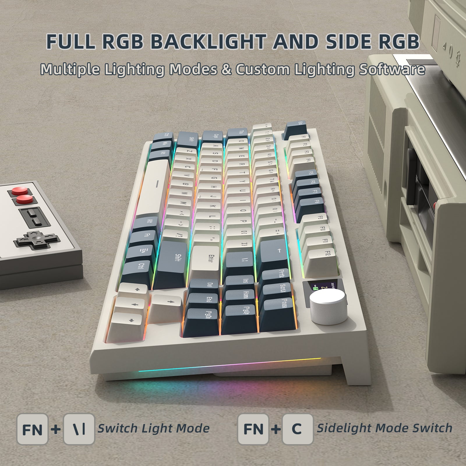 K86 mechanical keyboard with full RGB backlighting, side RGB, and custom lighting modes.