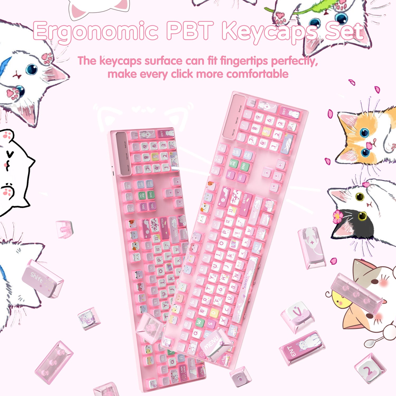 Ergonomic pink keycaps set featuring cat designs for comfortable typing.