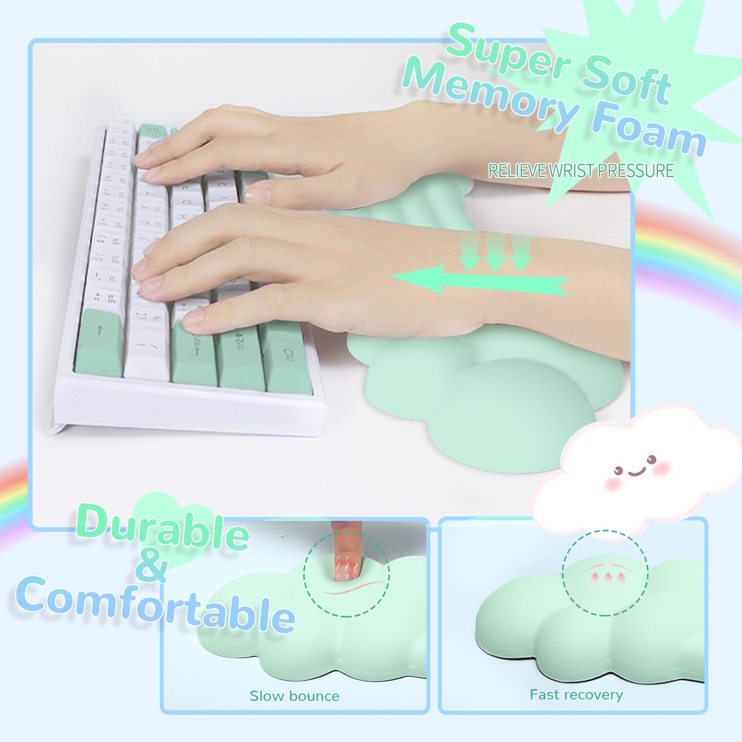 Ergonomic rainbow cloud wrist rest with pastel keyboard, featuring soft memory foam.