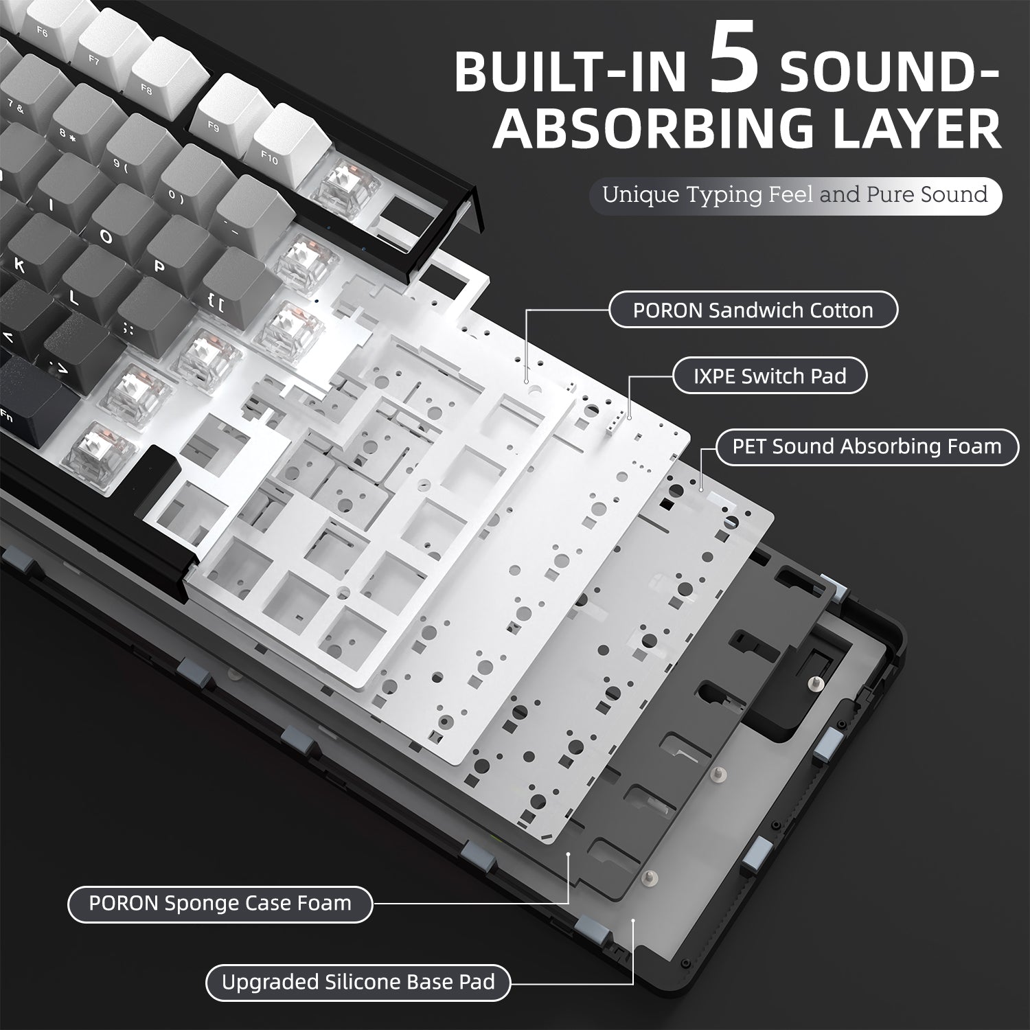 Attack Shark X85 keyboard showcasing sound-absorbing layers for enhanced typing experience.