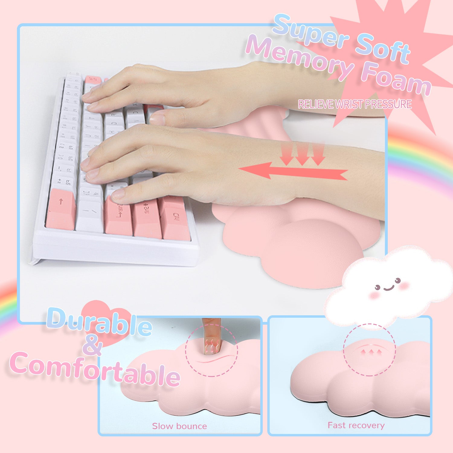 Hand on pink rainbow cloud wrist rest with pastel keyboard highlighting memory foam comfort.