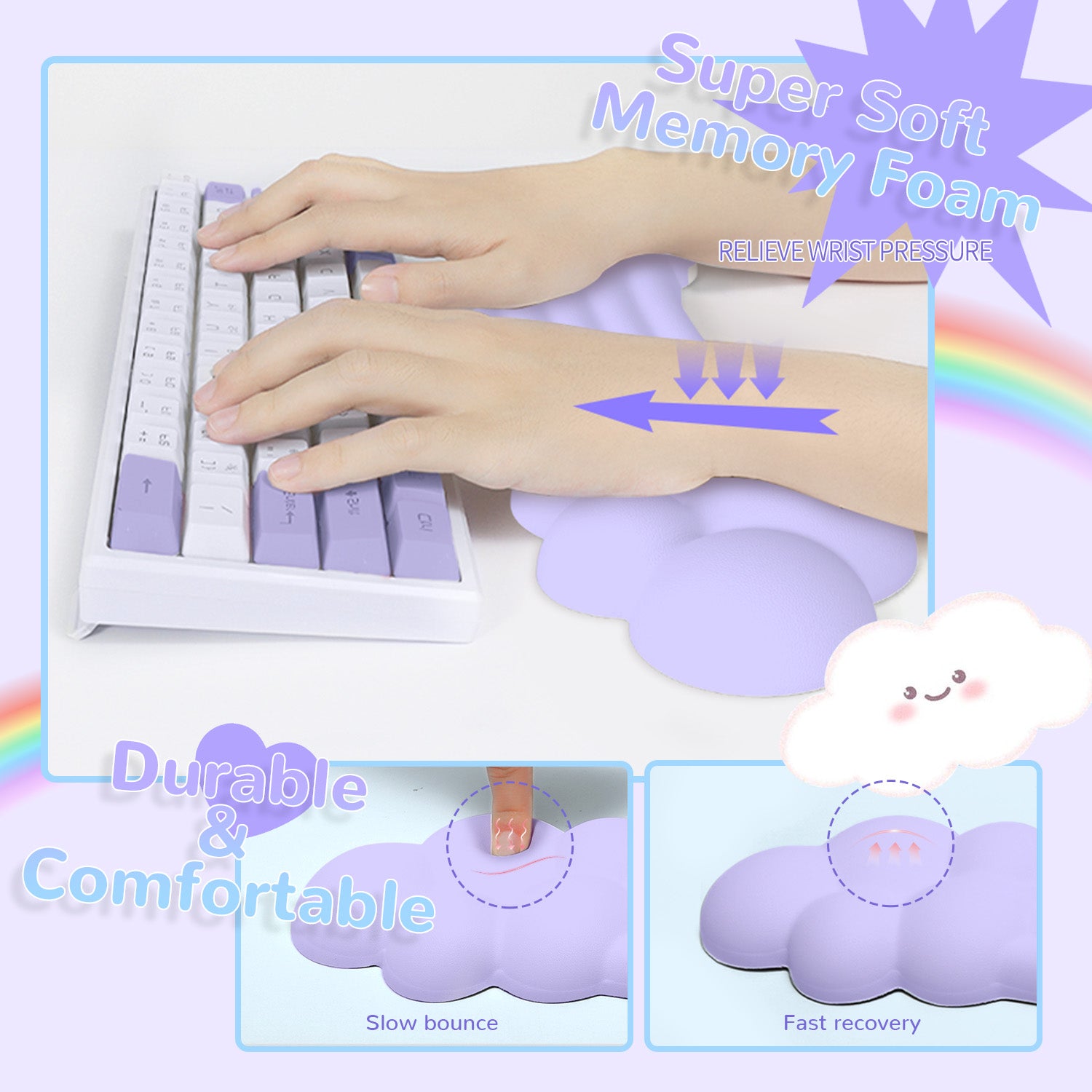 Hand using pastel keyboard on soft rainbow cloud wrist rest with memory foam.