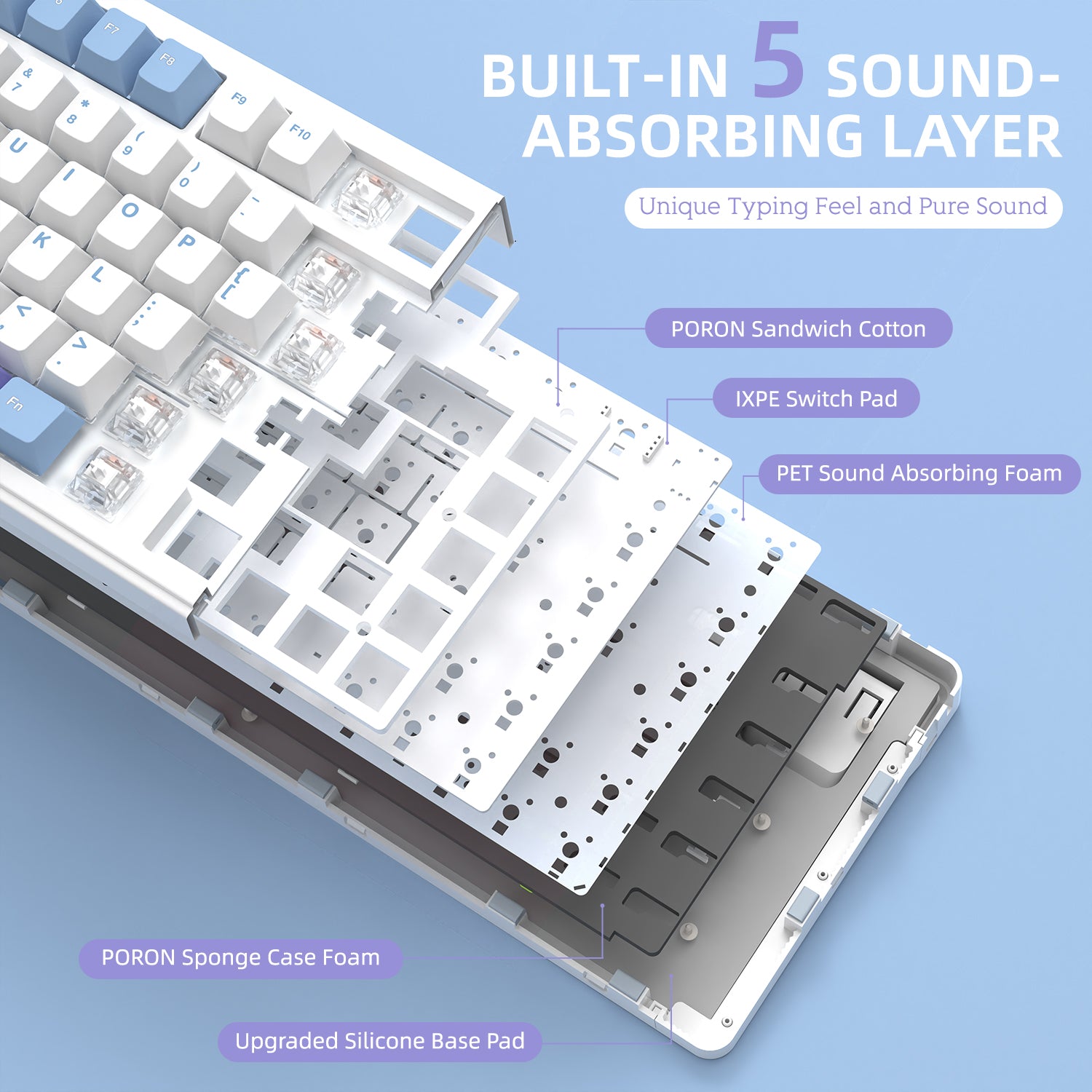 Attack Shark X85 keyboard sound-absorbing layers for noise reduction and typing comfort.