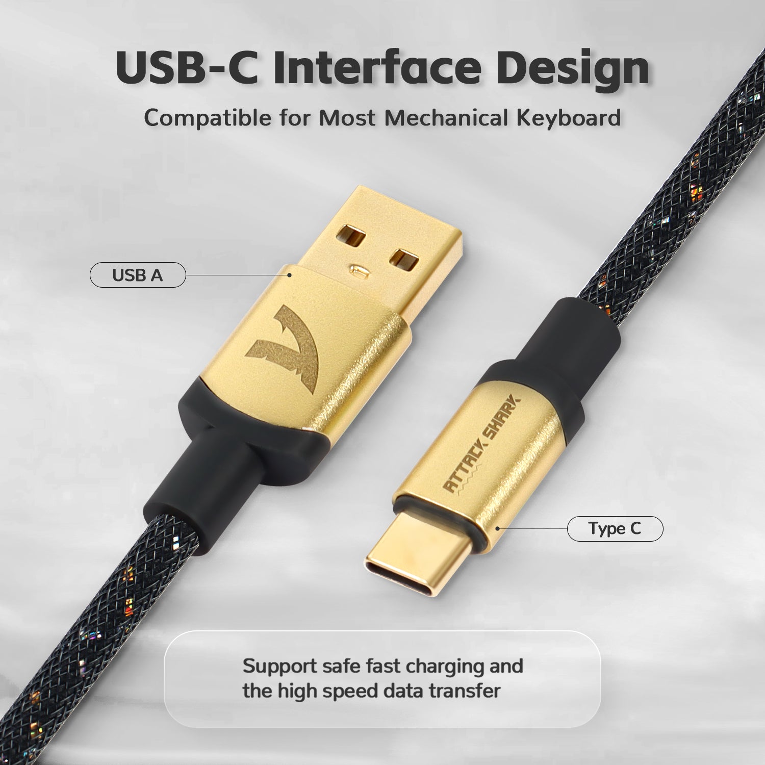 Gold-plated USB-A and USB-C connectors for C03 coiled keyboard cable supporting fast charging.