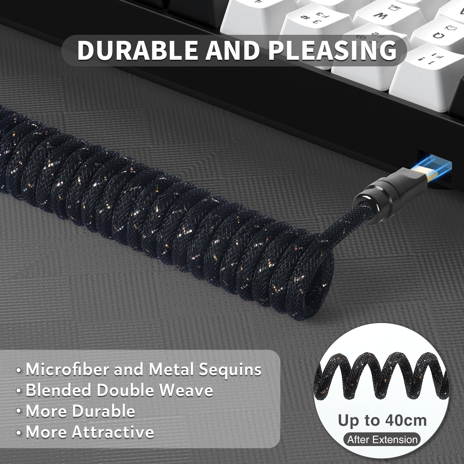 Black coiled USB cable with sequins, durable design, extends up to 40cm, for gaming keyboards.