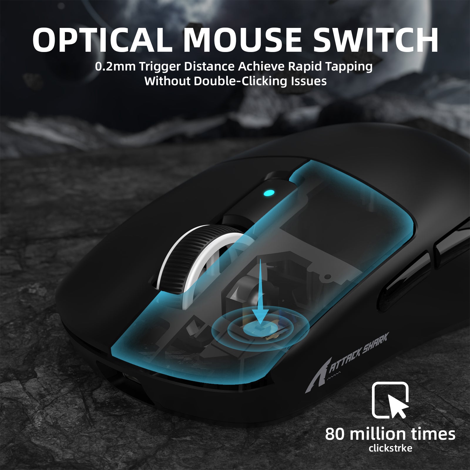 Attack Shark R6PRO gaming mouse optical switch with 0.2mm trigger distance for fast responsive clicks.