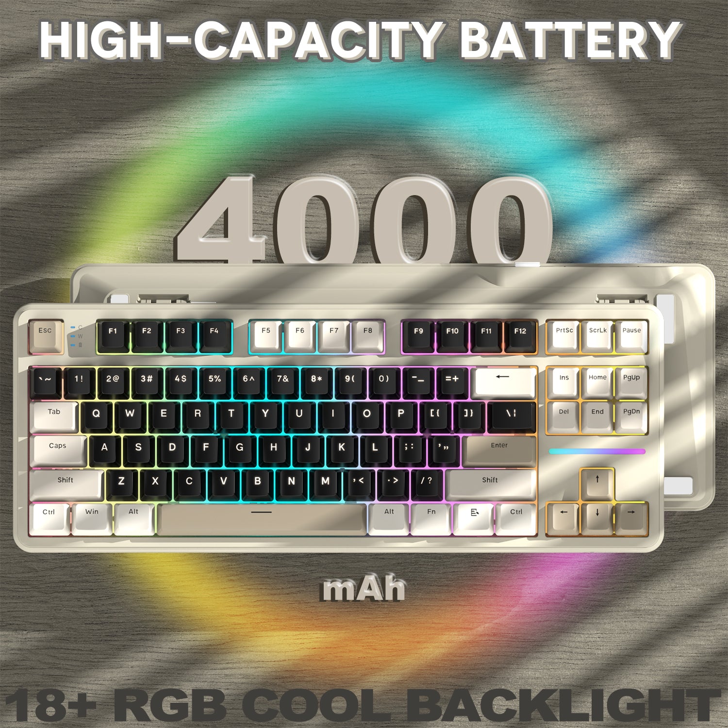 X87 keyboard highlighting 4000mAh battery and over 18 RGB backlighting options