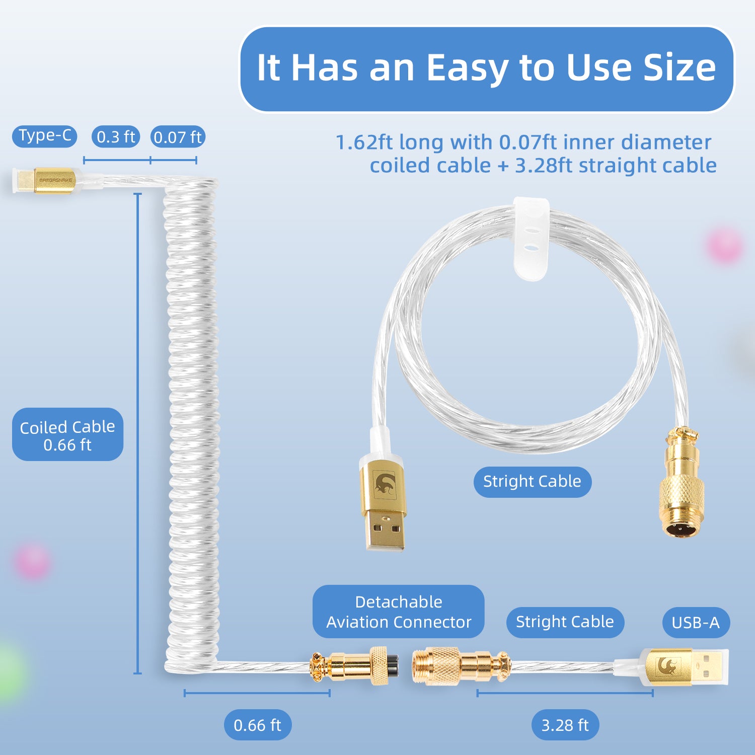 Diagram showing 1.62ft USB-C keyboard cable with coiled and straight sections.