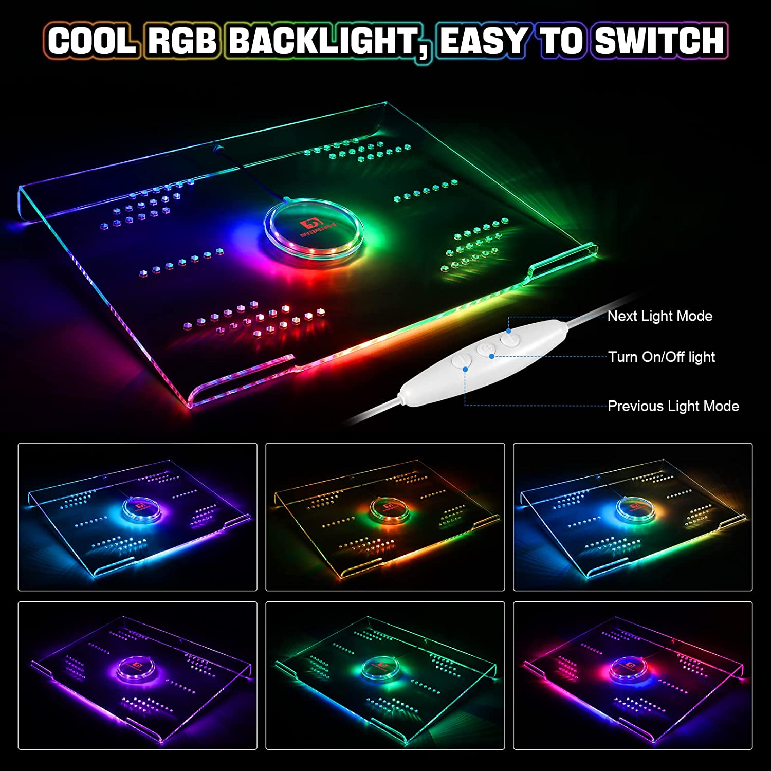 MAMBASNAKE laptop riser with vibrant RGB backlight and easy control switch.