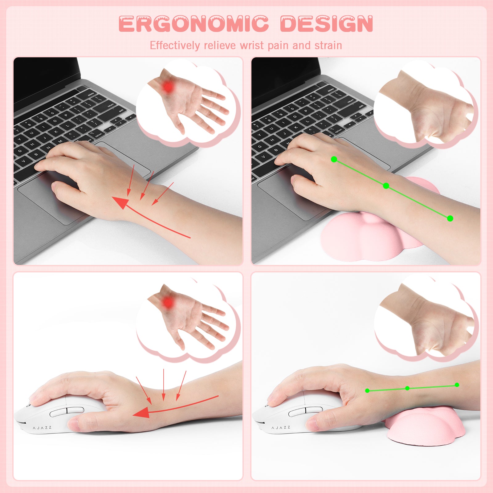 Ergonomic benefits of cloud wrist rest reducing wrist pain; images of hand alignment.