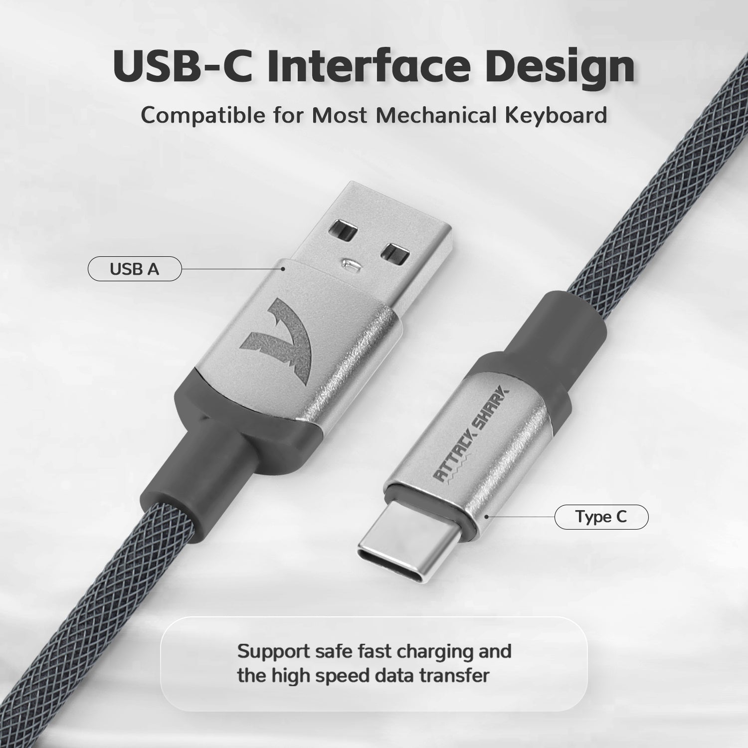 USB-A and USB-C connectors of the Attack Shark keyboard cable for fast charging.