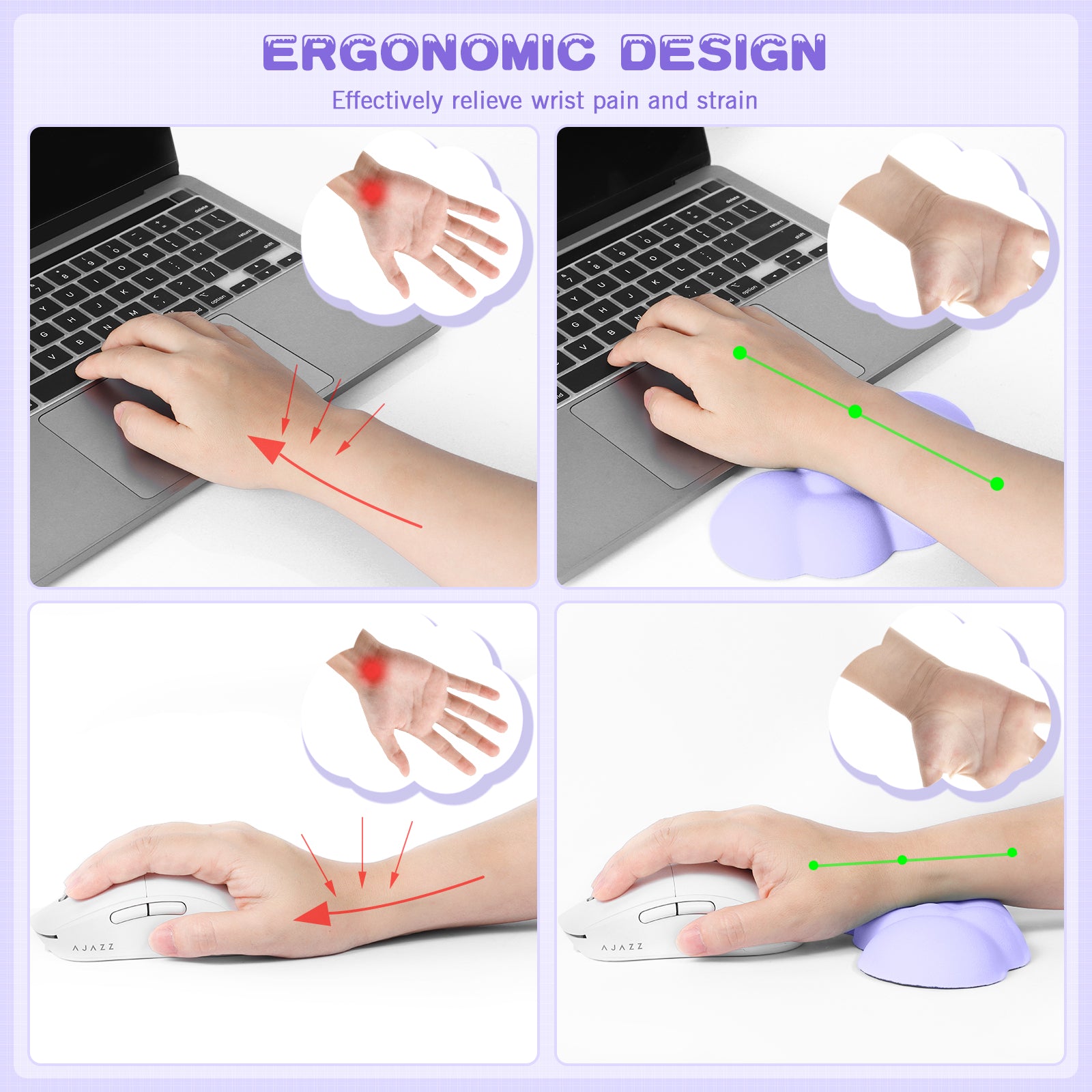 Illustration of ergonomic benefits of cloud wrist rest reducing wrist strain and improving comfort.