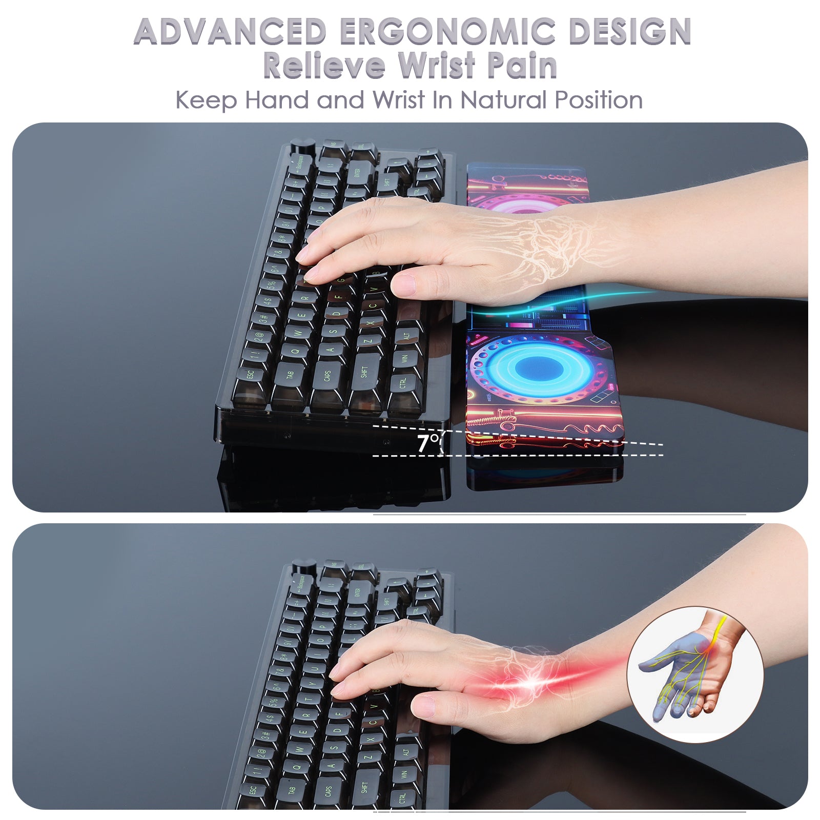 Ergonomic acrylic wrist rest showing proper wrist alignment for pain relief.