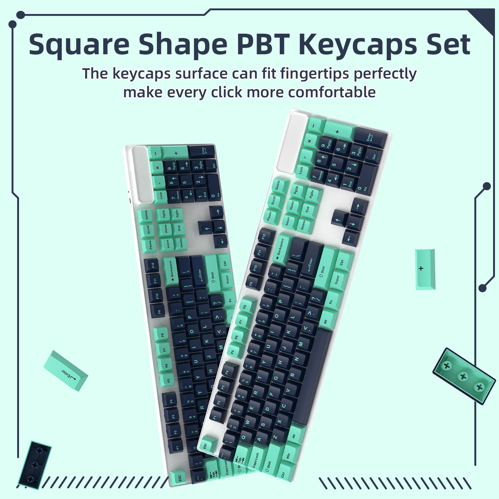 Square shape green and black PBT keycap set for mechanical keyboards.