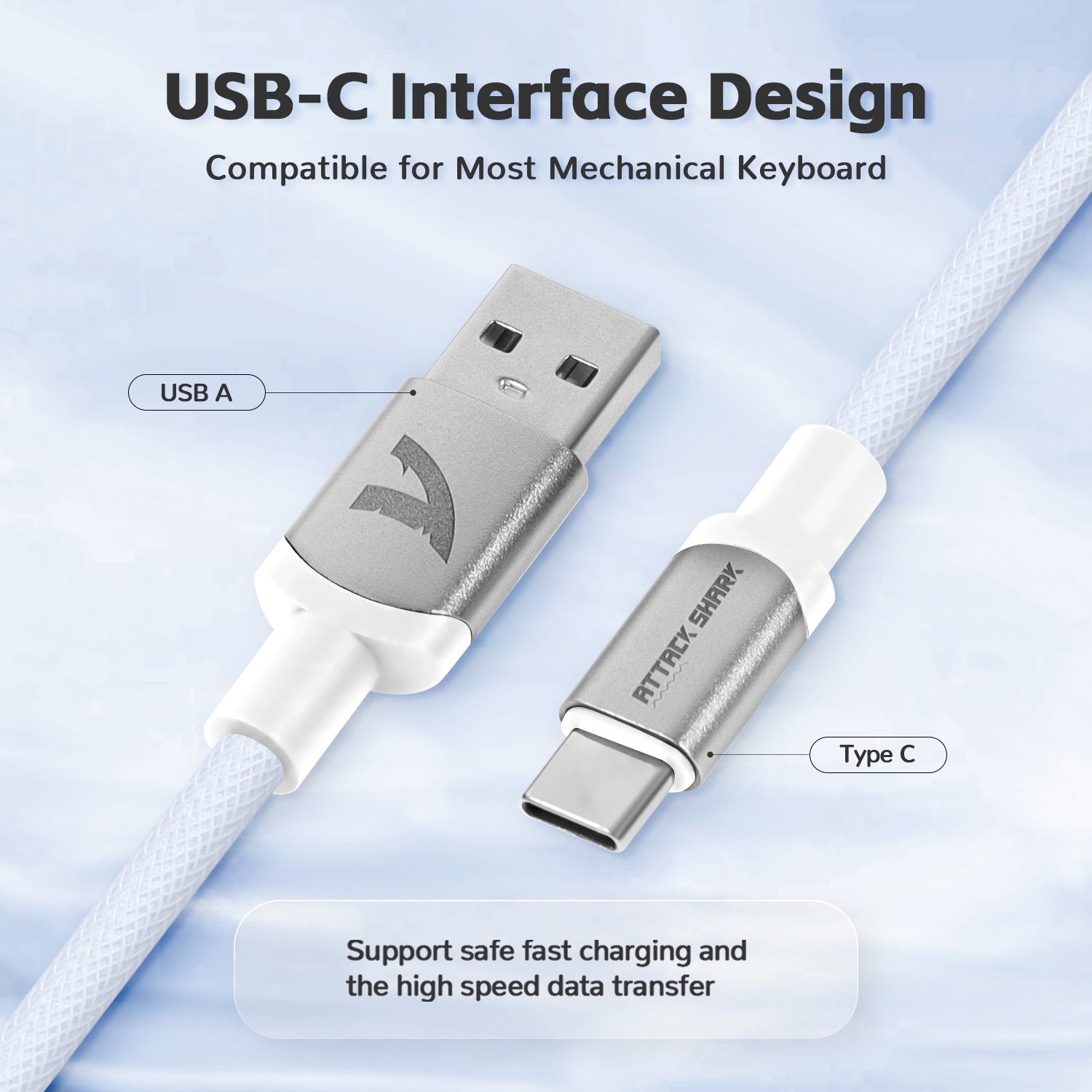 USB-A and USB-C connectors for fast charging on Attack Shark keyboard cable.