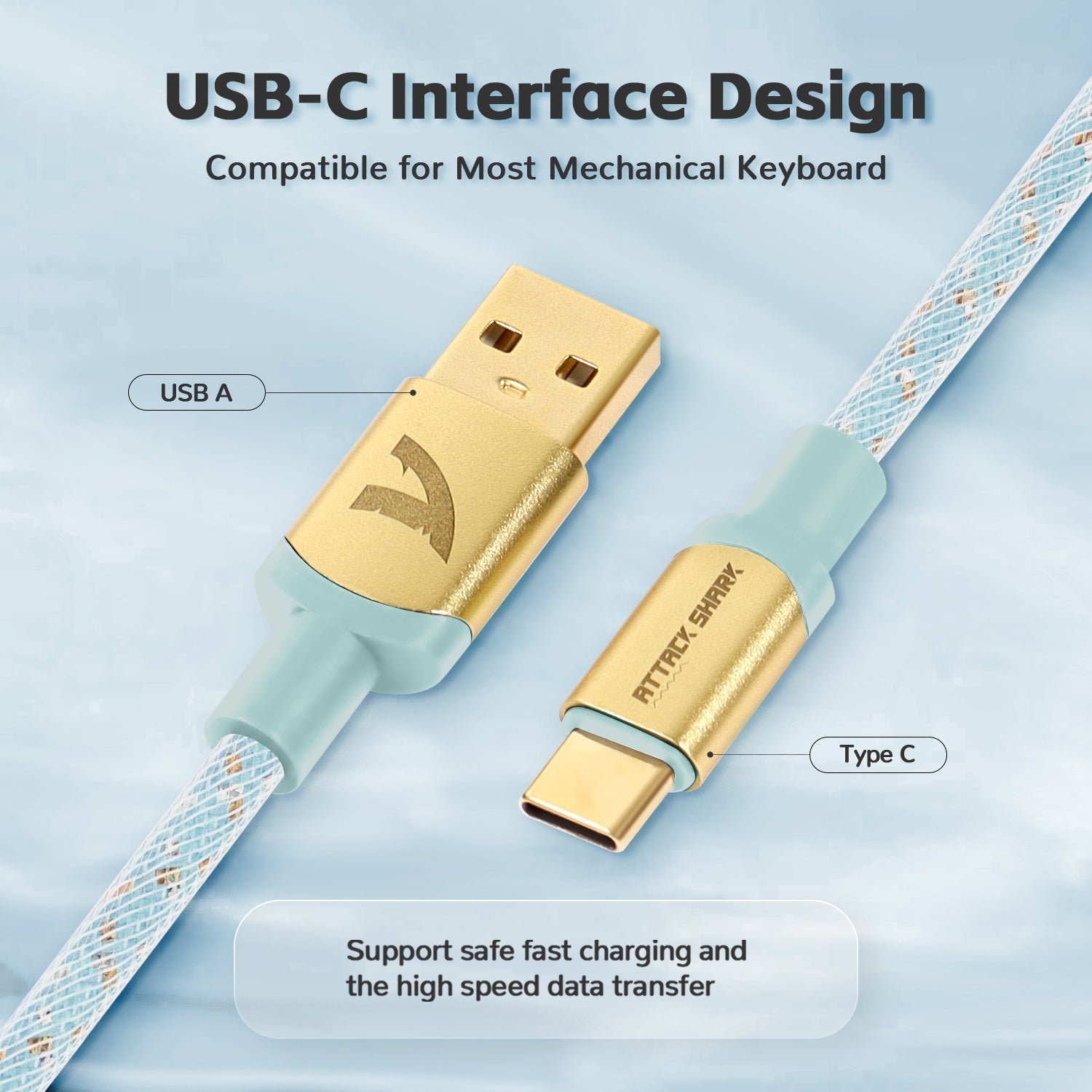 USB-A and USB-C connectors of C03 coiled keyboard cable for fast data transfer.