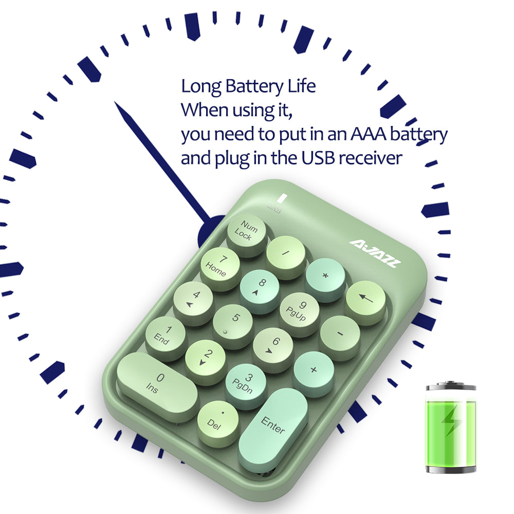 Light green AJAZZ AK18 wireless numeric keypad with battery and USB receiver features.