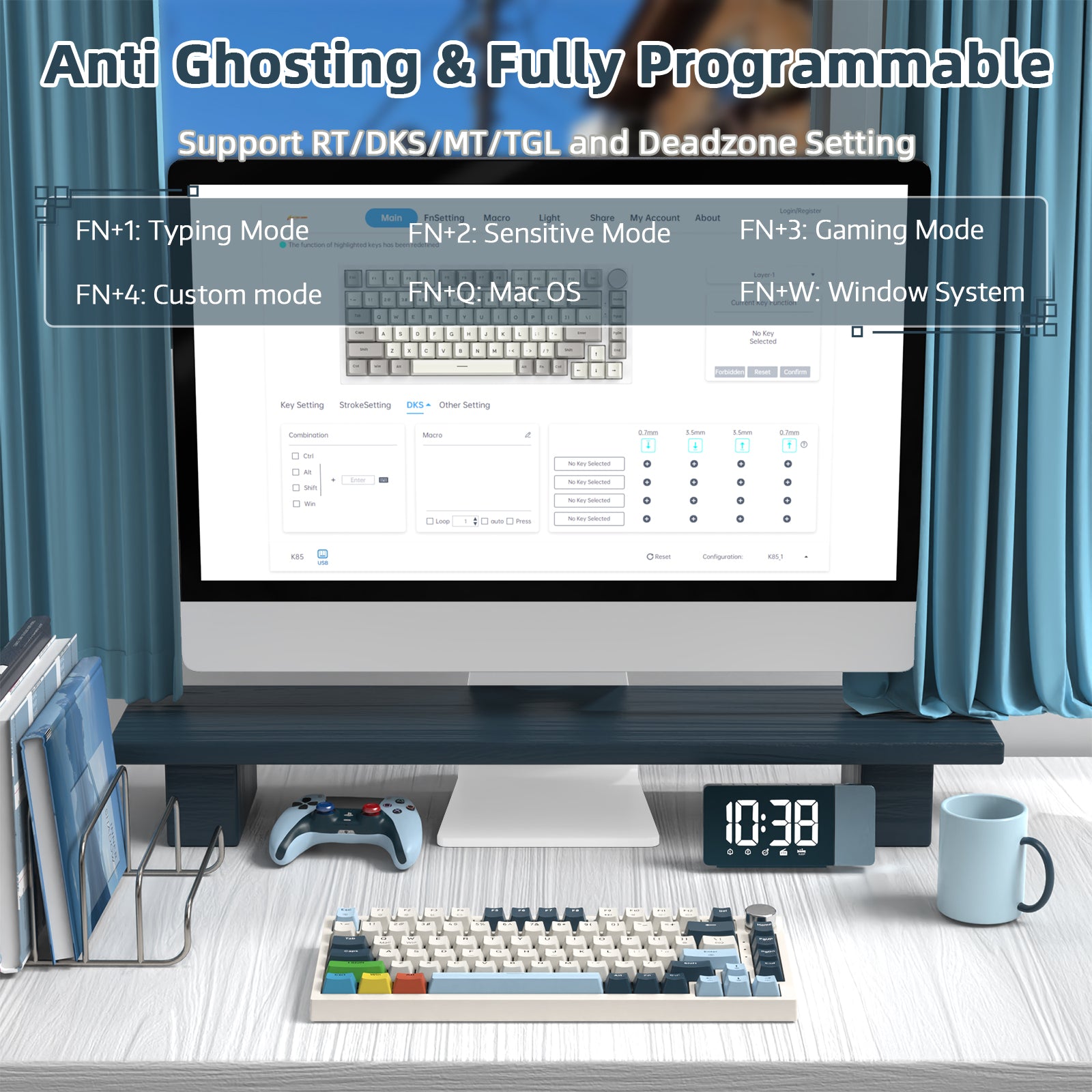K85 keyboard showing anti-ghosting and programmable settings on a computer setup.
