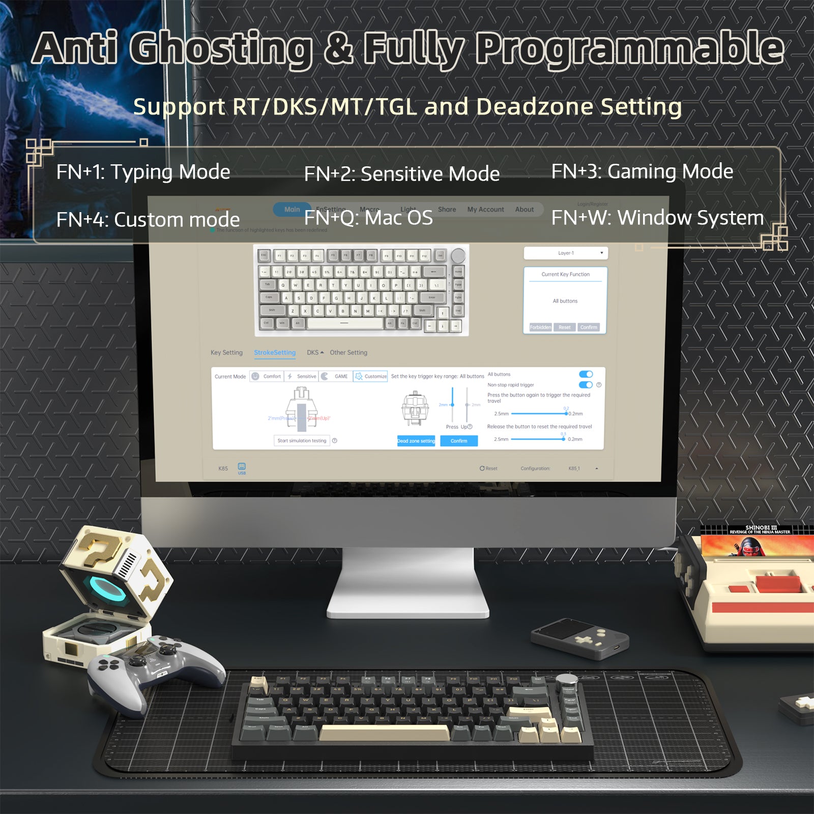 K85 keyboard showing programmable functions and modes on a computer screen.