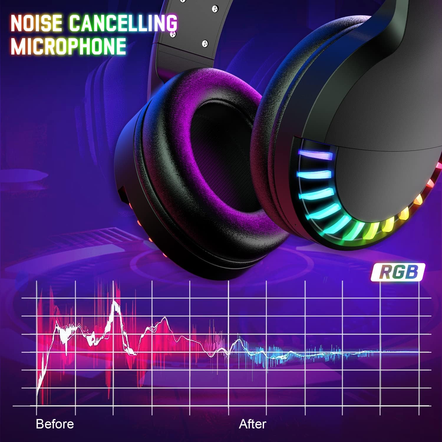 Black wireless headset highlighting noise cancellation and colorful RGB lighting effects