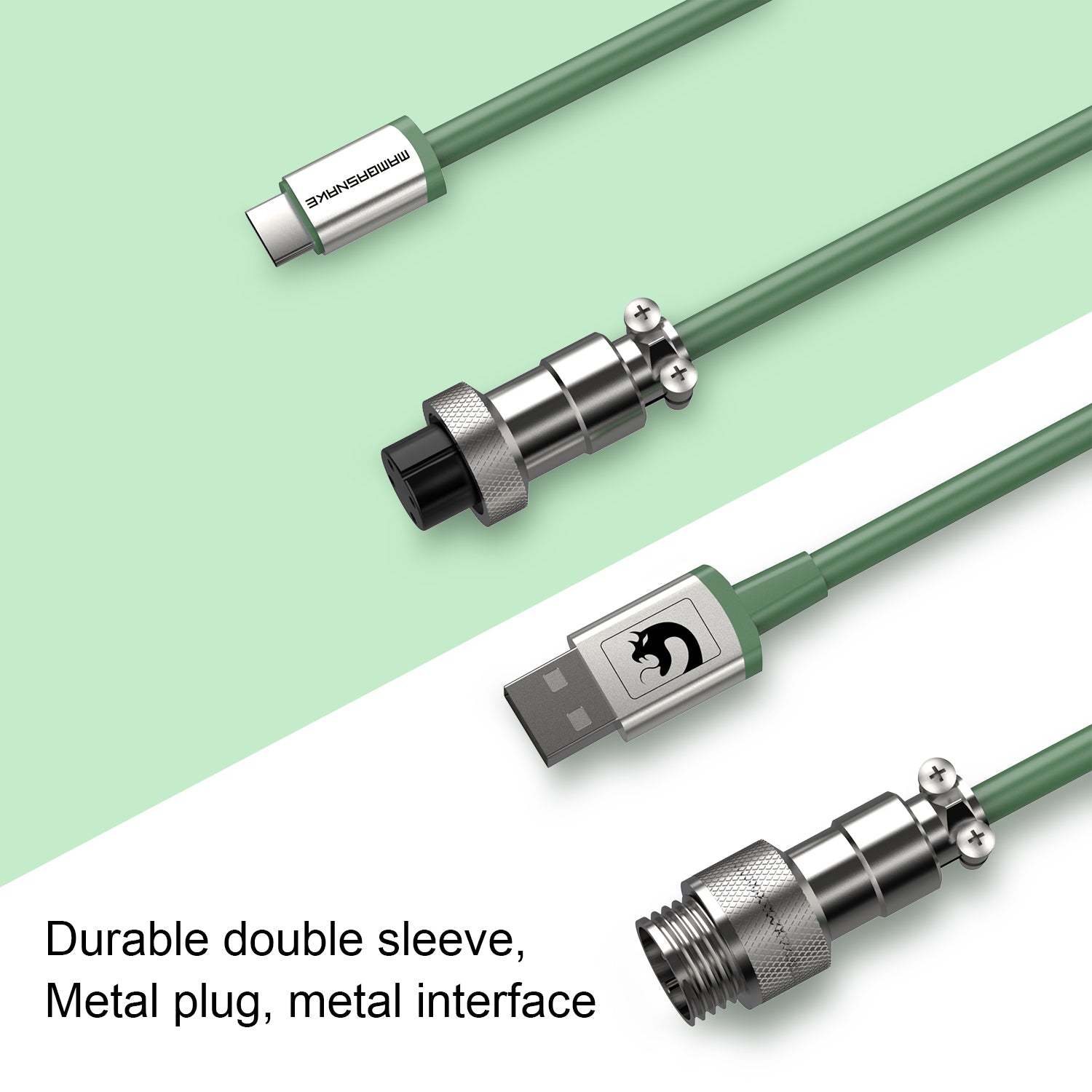 Green coiled USB-C keyboard cable with detachable aviator connector and USB-A end.