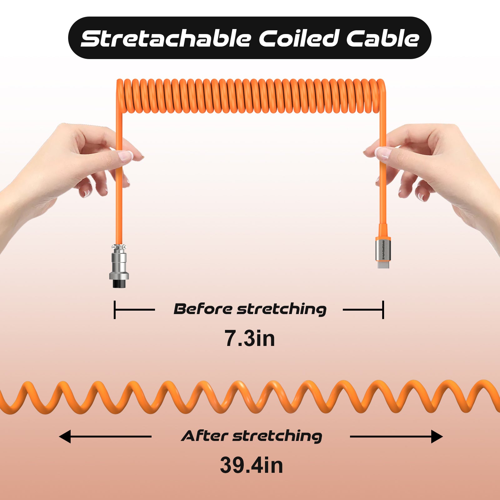 Stretchable Attack Shark C04 coiled USB cable showing 7.3in and 39.4in lengths.