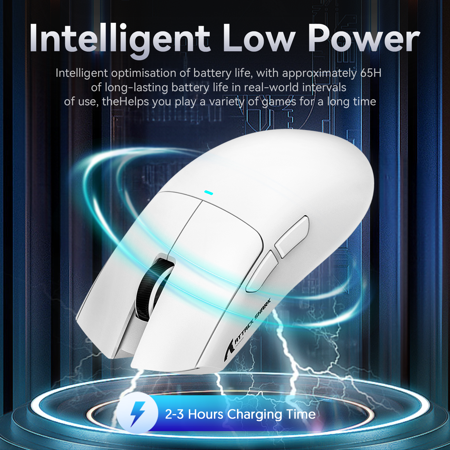 Attack Shark X11 Wireless Gaming Mouse with low power optimization text overlay