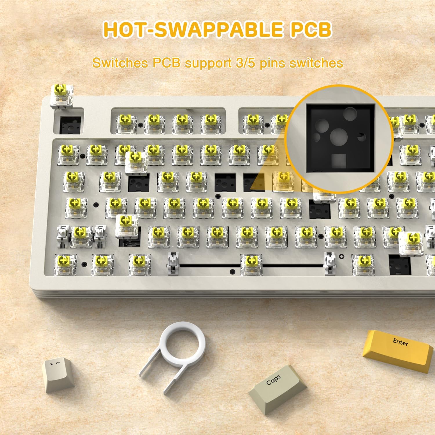 AKC087 keyboard hot-swappable PCB for 3/5 pin switches with yellow switches visible