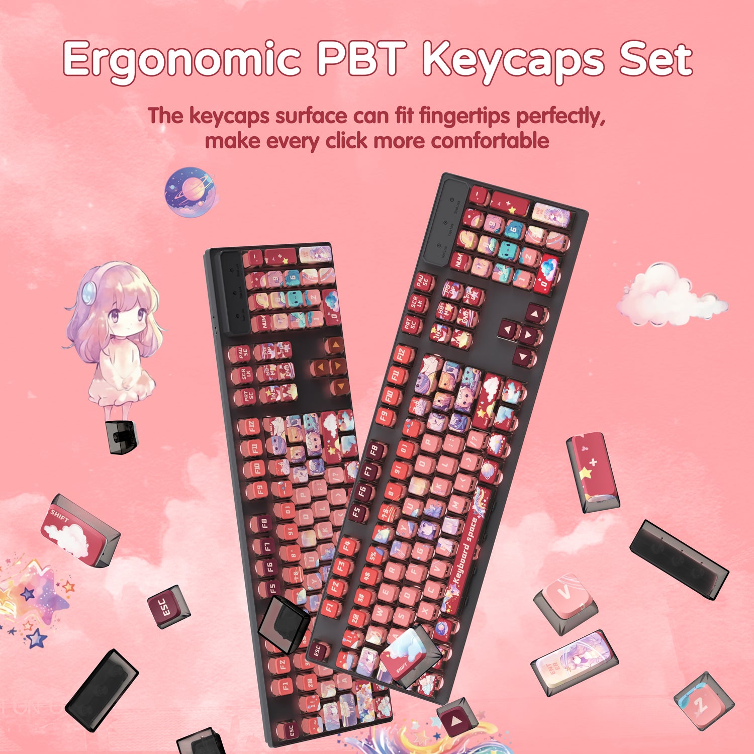 Ergonomic PBT keycaps set with colorful anime designs for mechanical keyboards.