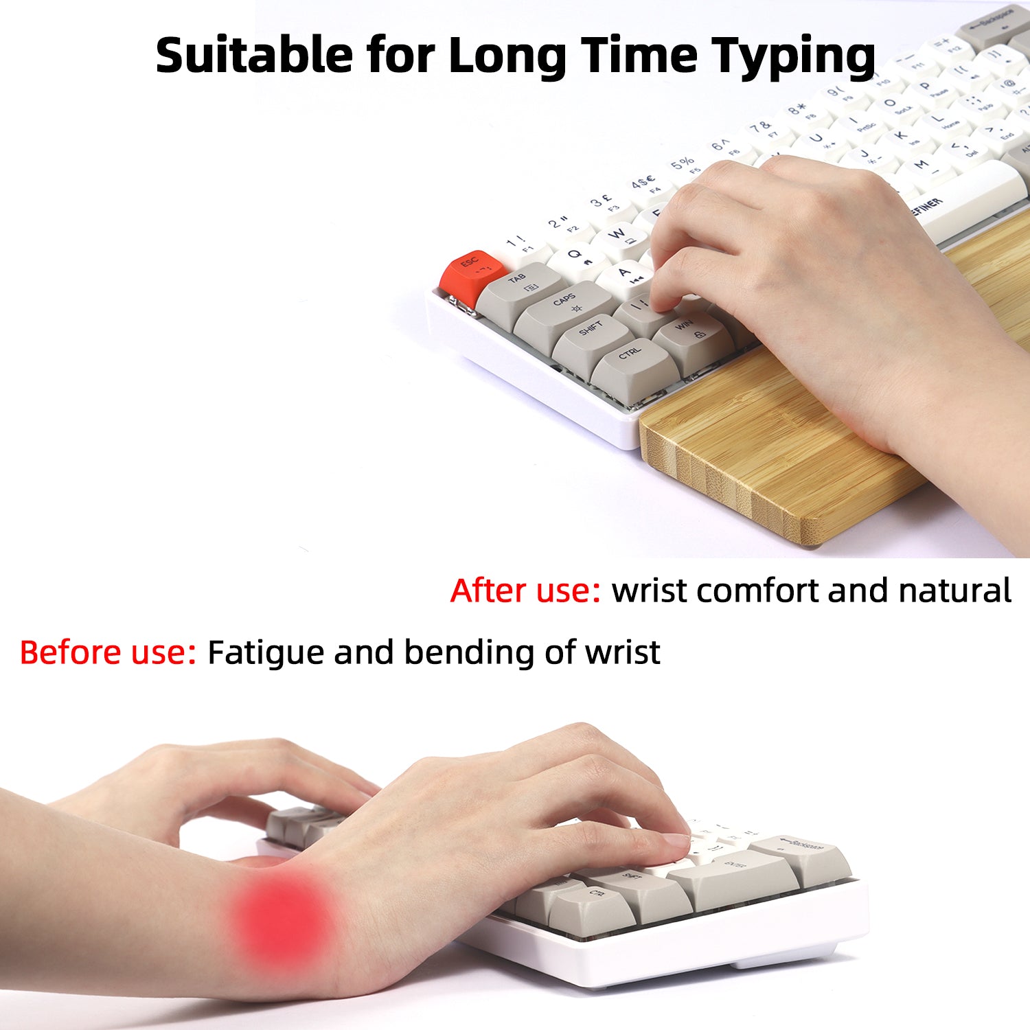 Graphic comparing wrist comfort before and after using bamboo wrist rest.