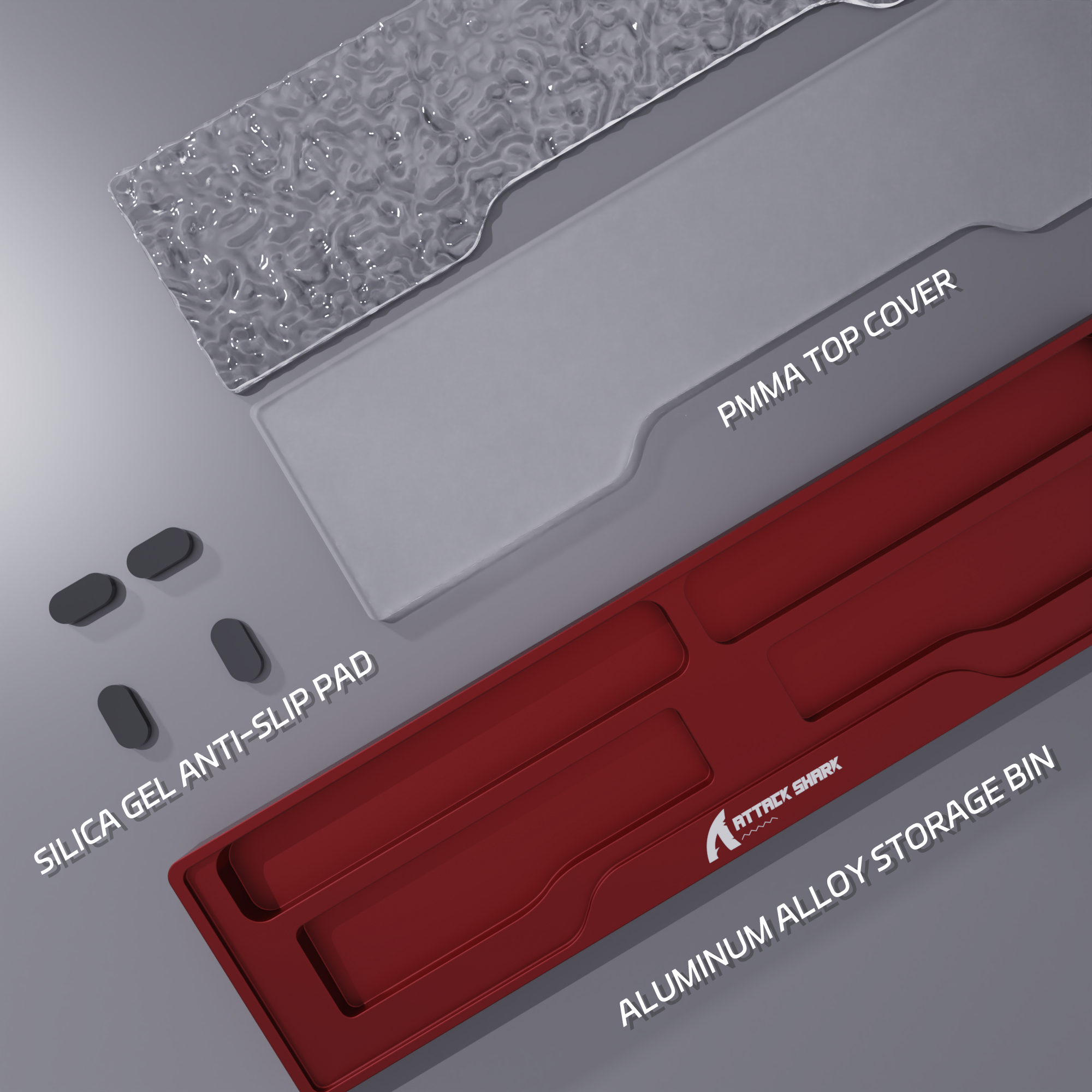 Attack Shark wrist rest components with acrylic covers and anti-slip pads for ergonomic support.