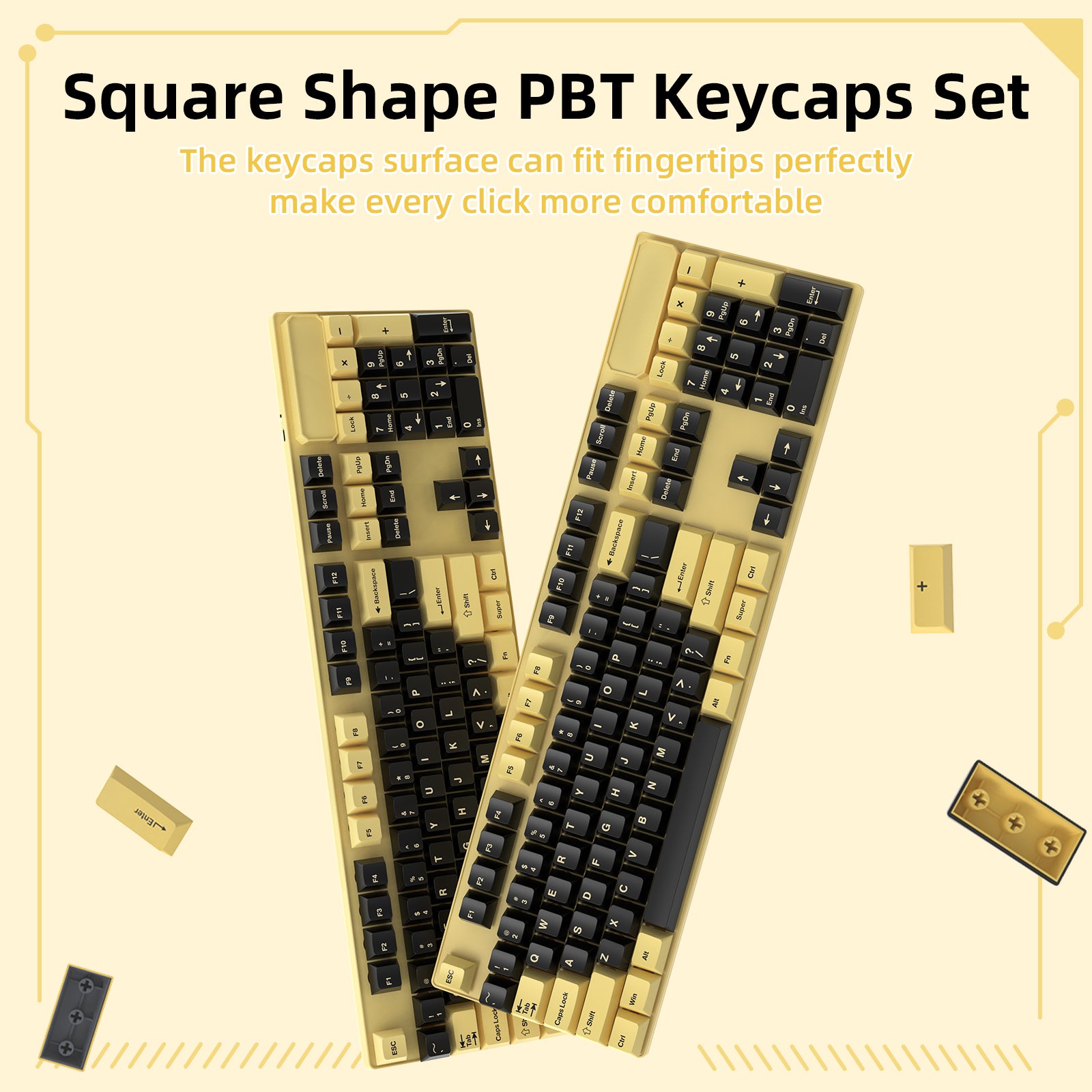 Square black and gold PBT keycap set enhancing typing comfort for mechanical keyboards.