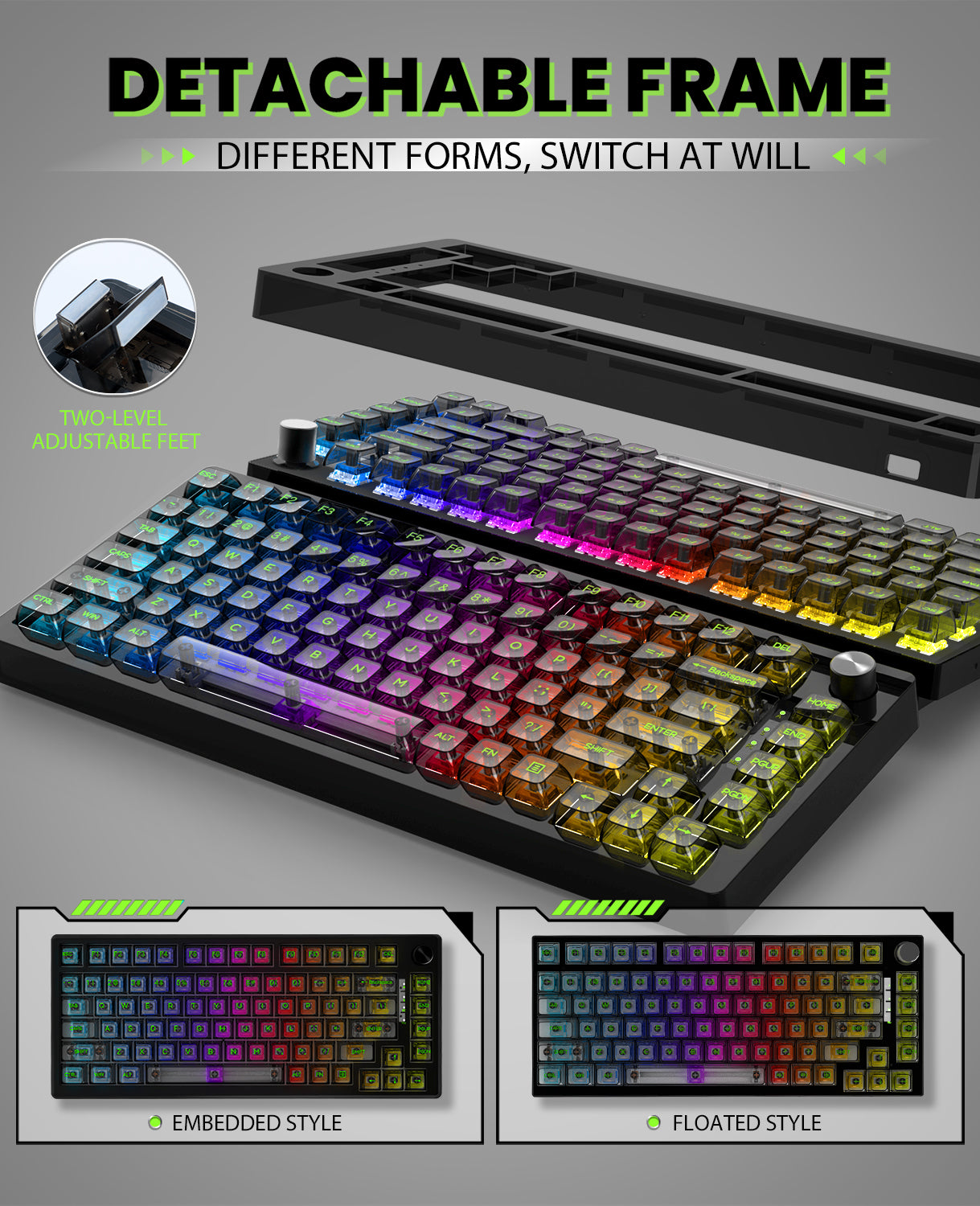 MK32 mechanical keyboard showing detachable frame and adjustable feet options.