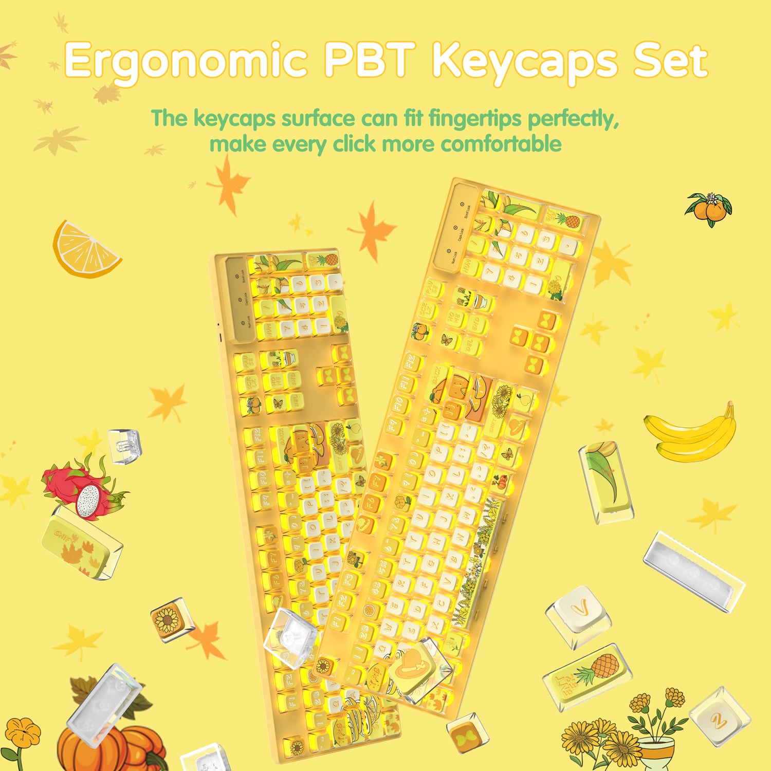 Ergonomic yellow PBT keycap set featuring fruit-themed designs for comfortable typing.