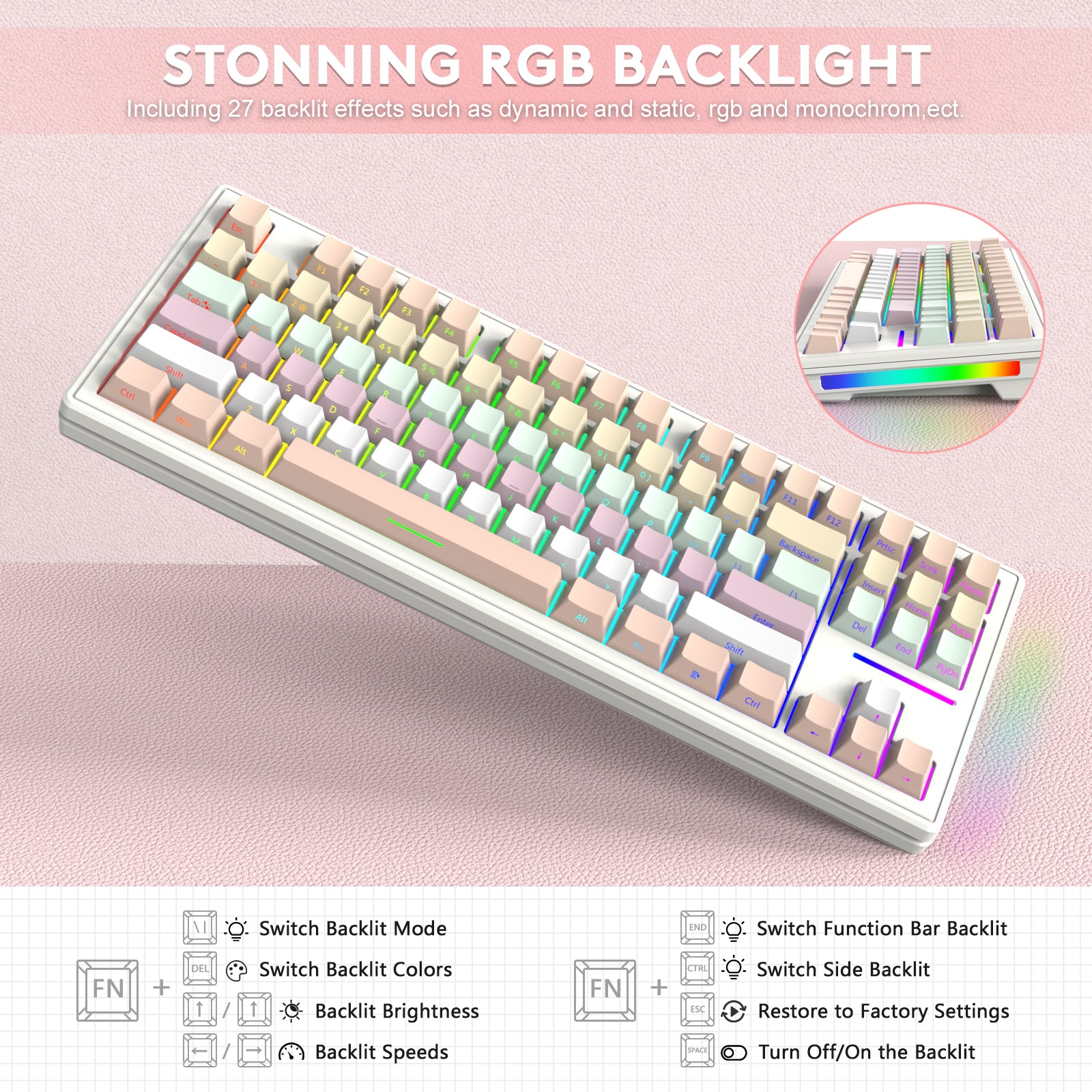 Attack Shark M87 keyboard with RGB backlight showcasing 27 dynamic and static effects.