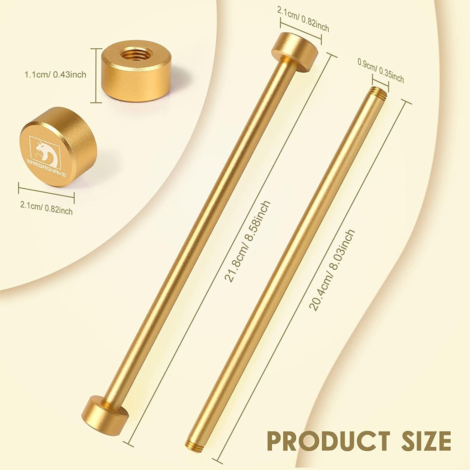 Dimensions of gold aluminum coil winder: rod and detachable screw cap in inches.