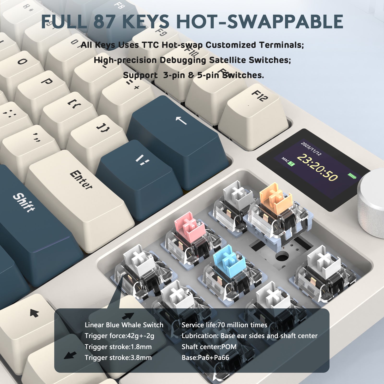 K86PRO keyboard showing hot-swappable Blue Whale switches and customizable terminals.