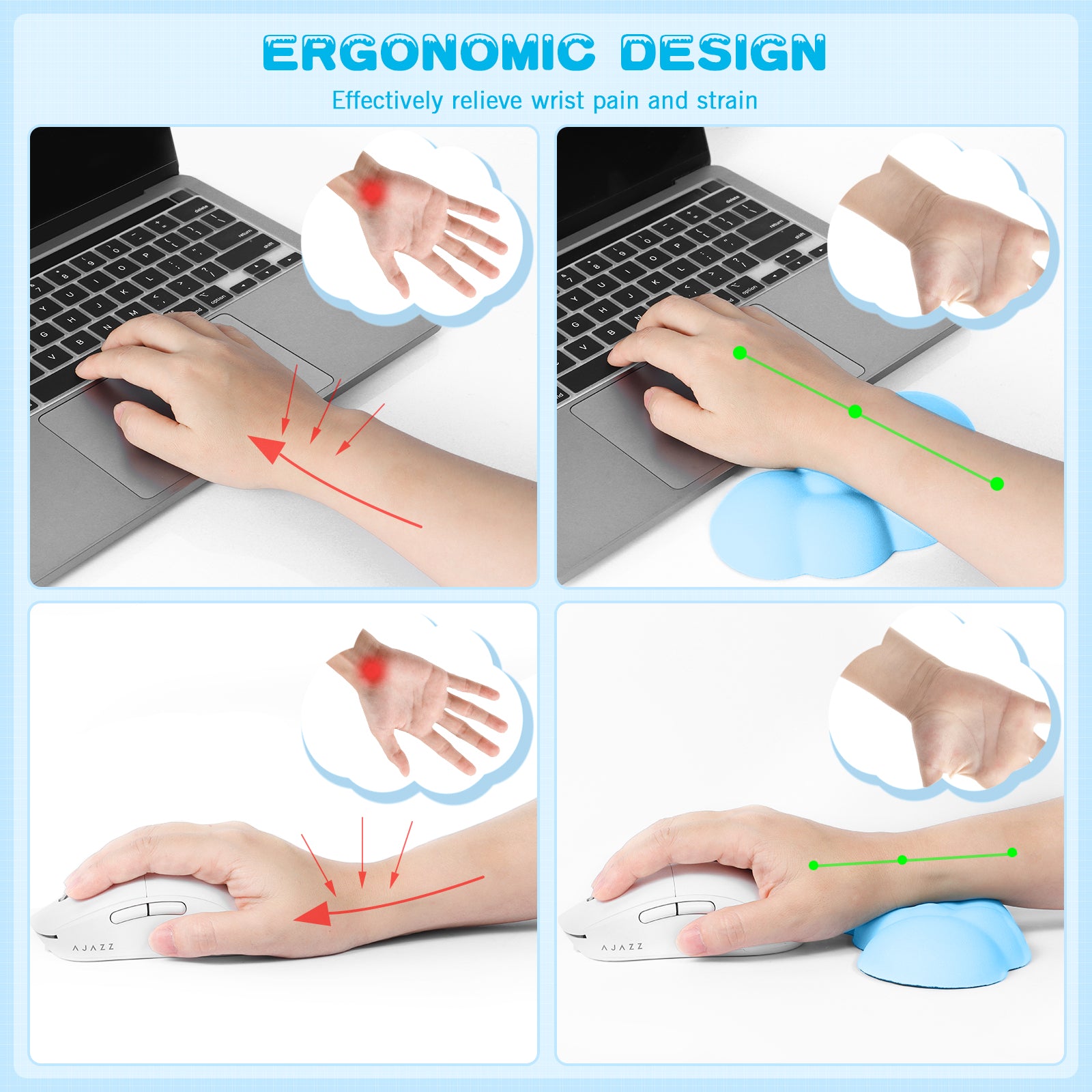 Ergonomic wrist rest illustration highlighting pain relief and proper hand alignment.