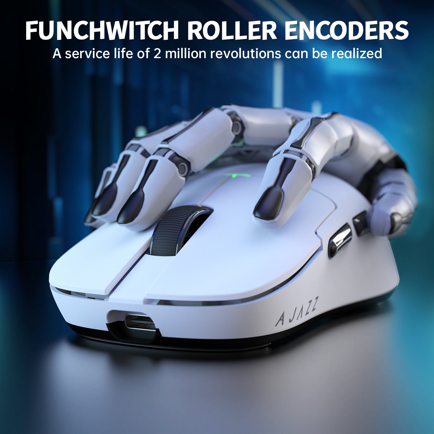 AJAZZ gaming mouse with Funchwitch roller encoders and robotic hand support.