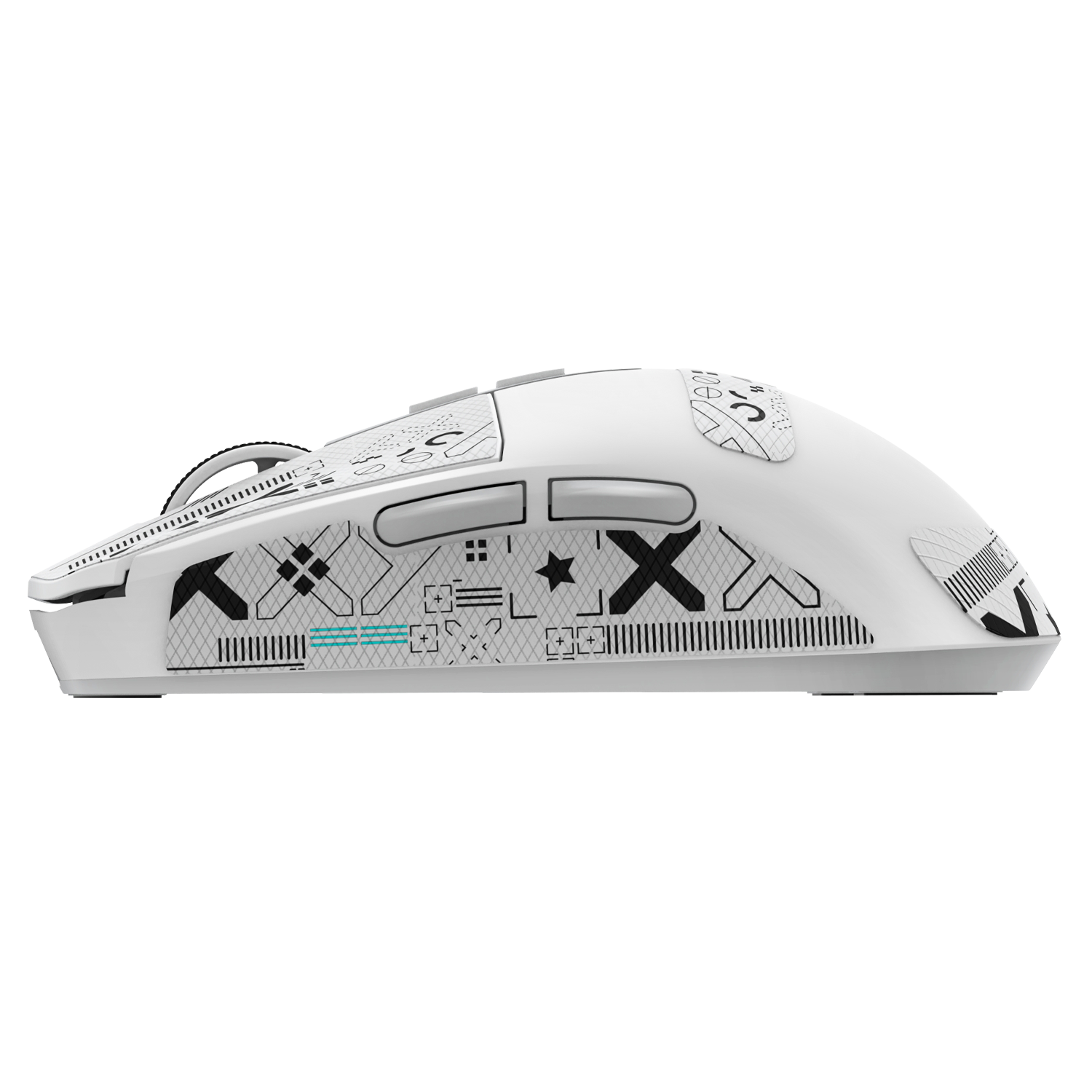 Stylish white gaming mouse with geometric grip tape for improved handling.