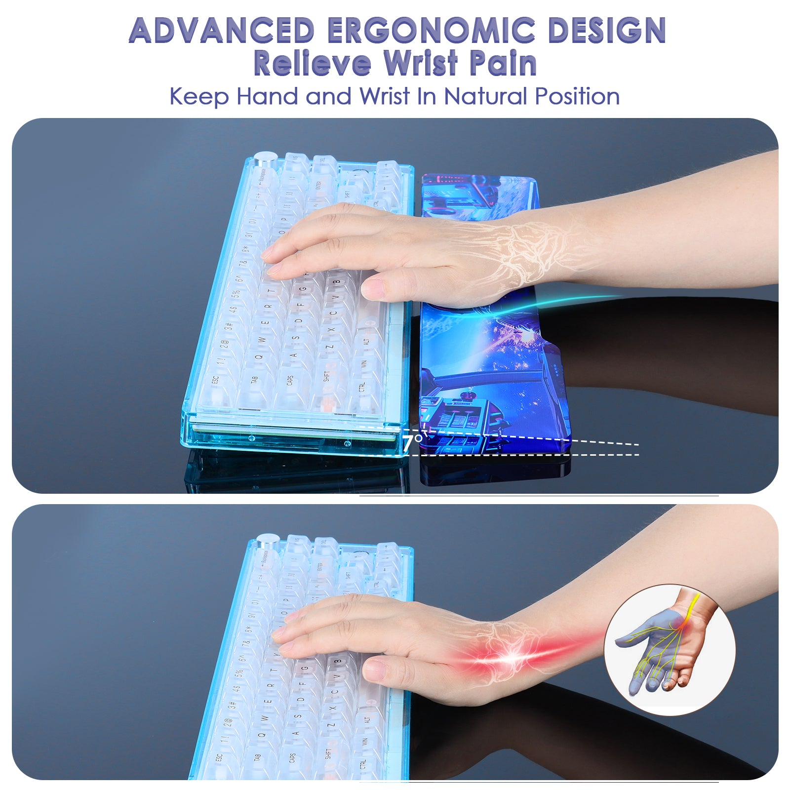 Ergonomic acrylic wrist rest showcasing astronaut design, promoting wrist comfort.