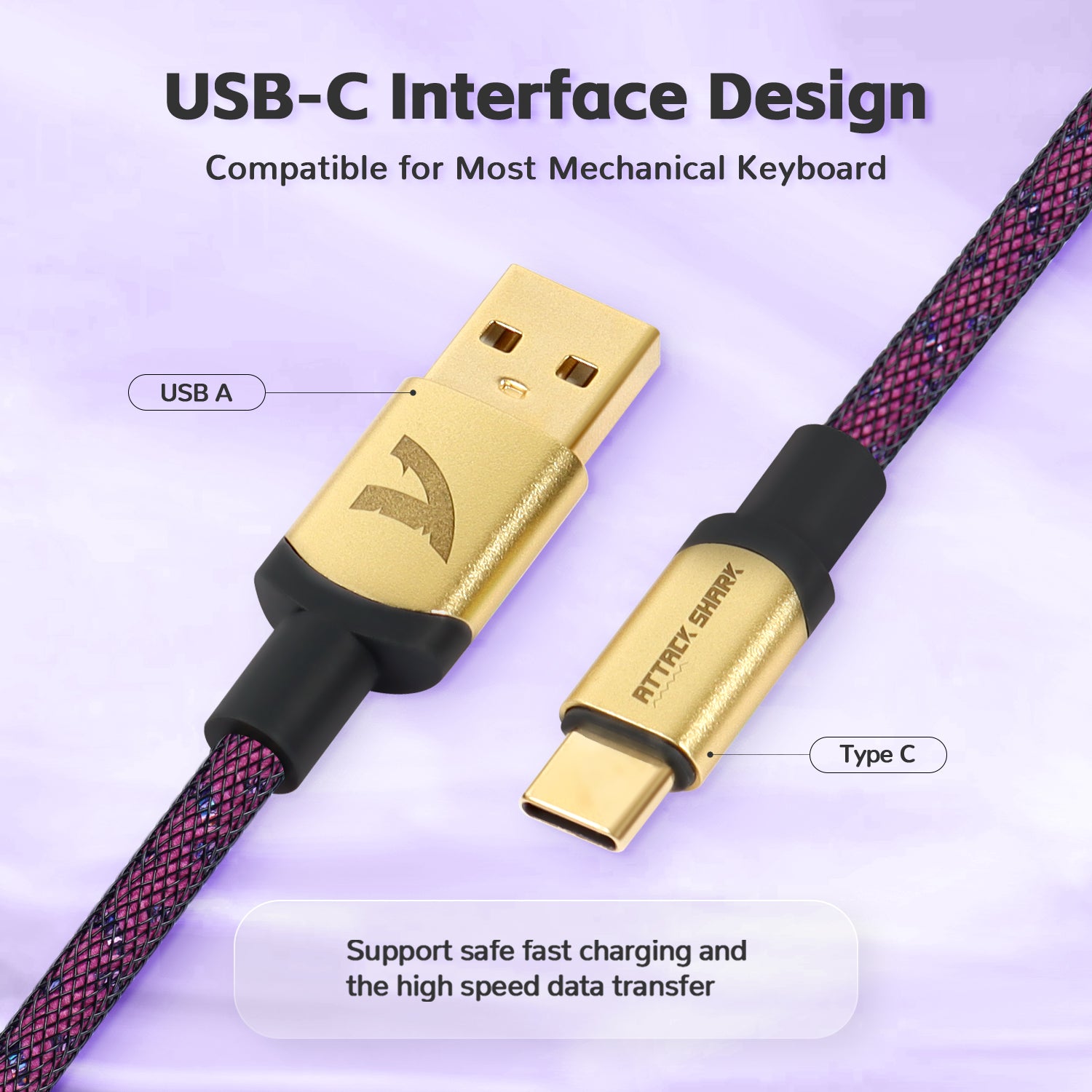 Gold-plated USB-A and USB-C connectors on C03 keyboard cable with woven design.