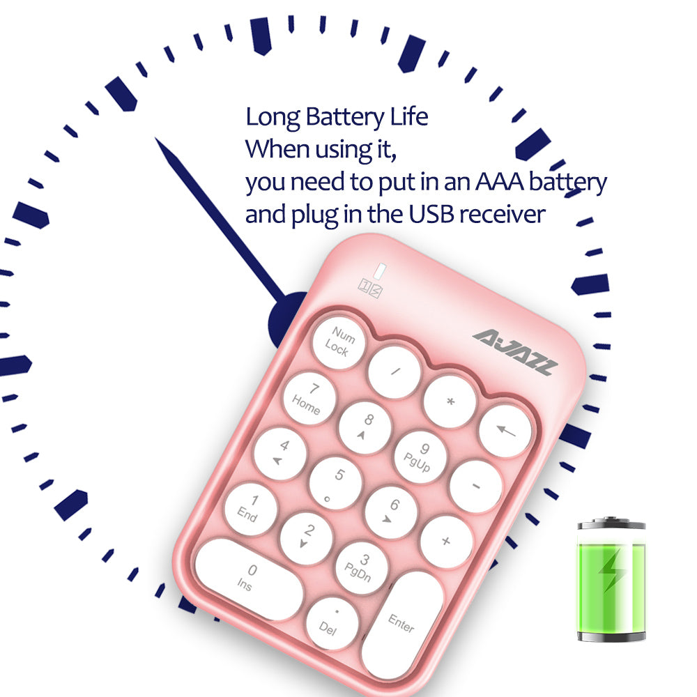 Pink wireless numeric keypad highlighting long battery life with USB receiver and battery requirements.