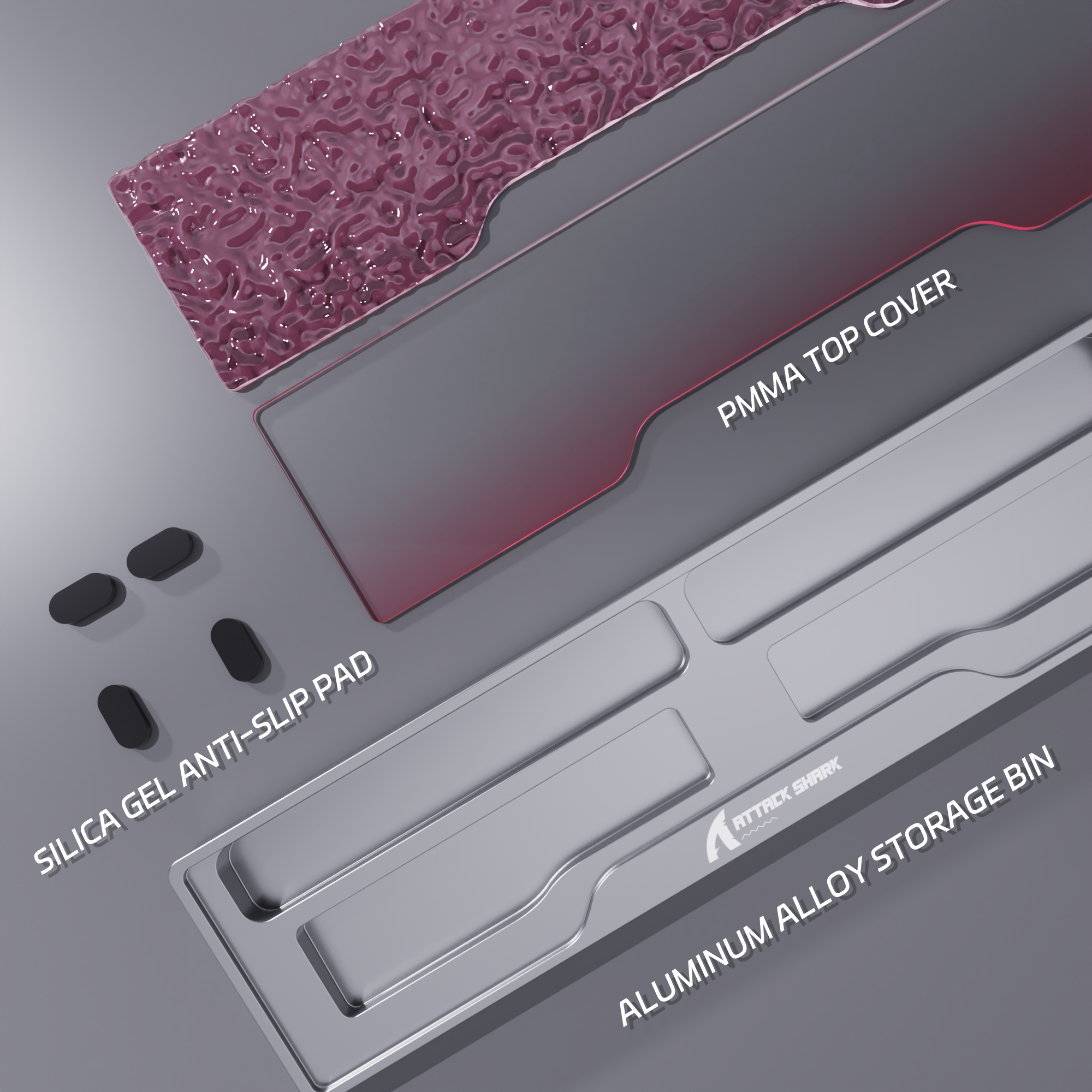 Components of Attack Shark wrist rest with acrylic covers, anti-slip pads, and storage bin.