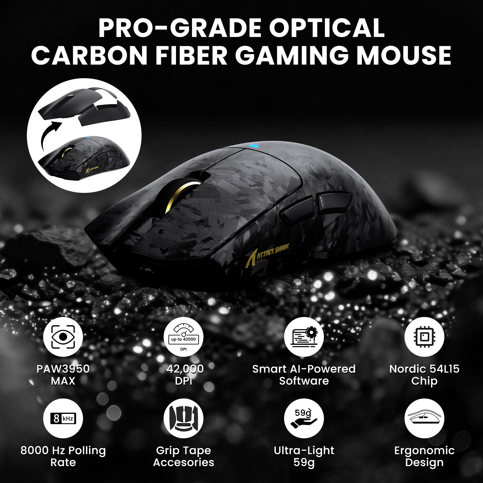 Paquete gaming ATTACK SHARK R68 HE & X11 ULTRA de fibra de carbono con cable en espiral C01 ULTRA