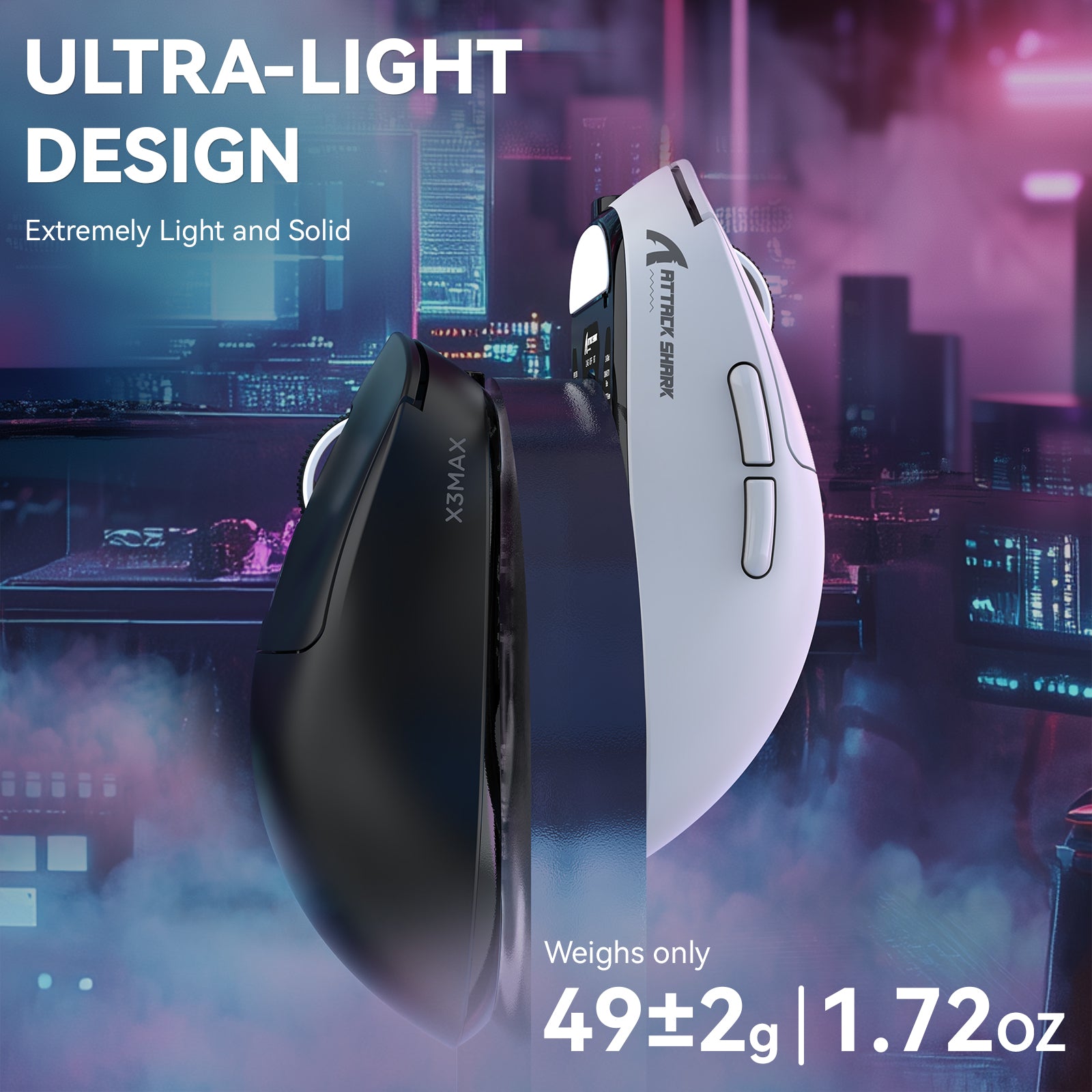 Attack Shark X3MAX ultra-light gaming mouse in black and white, weighing 49g with sleek design.