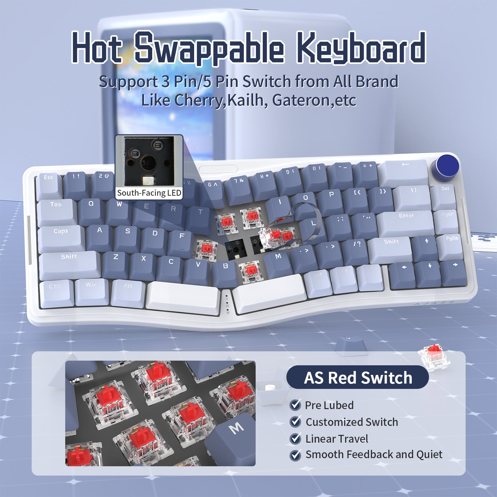 AKS068 Alice Mechanical Keyboard with hot-swappable AS Red switches and south-facing LED.